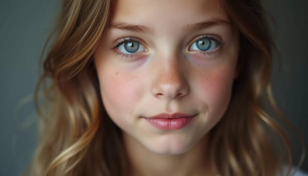 A young girl stands indoor in Russia, her striking grey-blue eyes gazing intently at the viewer. Natural light enhances her delicate features and long hair. Cute kid teenager schoolgirl. GenerativeAI.