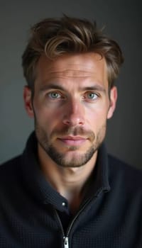 A young man from Russia gazes directly at the viewer with striking blue eyes. Tousled hair and relaxed expression. Introspection and tranquility. Portrait of a handsome man of 30 years. Generative AI.