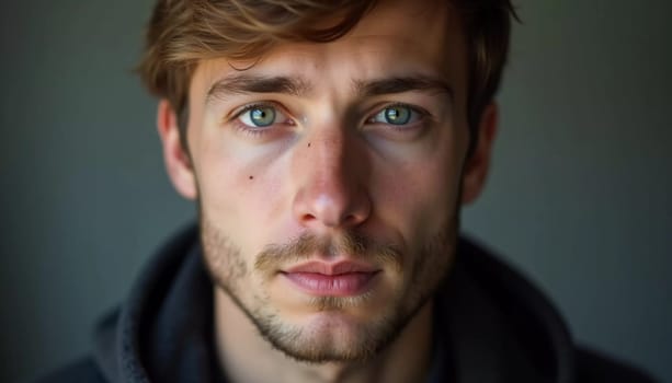 A young man from Russia gazes directly at the viewer with striking blue eyes. Tousled hair and relaxed expression. Introspection and tranquility. Portrait of a handsome man of 30 years. Generative AI.