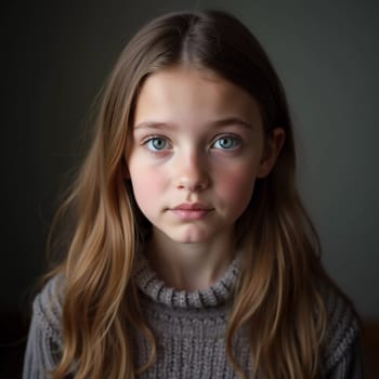A young girl stands indoor in Russia, her striking grey-blue eyes gazing intently at the viewer. Natural light enhances her delicate features and long hair. Cute kid teenager schoolgirl. GenerativeAI.