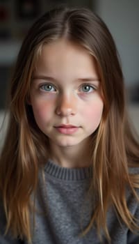 A young girl stands indoor in Russia, her striking grey-blue eyes gazing intently at the viewer. Natural light enhances her delicate features and long hair. Cute kid teenager schoolgirl. GenerativeAI.