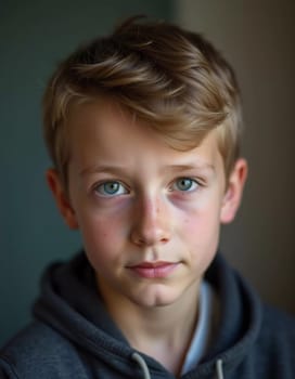 A young boy from Russia gazes directly at the viewer with captivating grey eyes. His tousled hair frames his face and he wears a cozy casual clothes. Rosy cheeks, piercing serious look. Generative AI