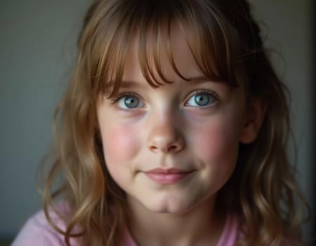 A young girl stands indoor in Russia, her striking grey-blue eyes gazing intently at the viewer. Natural light enhances her delicate features and long hair. Cute kid teenager schoolgirl. GenerativeAI.