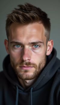 A young man from Russia gazes directly at the viewer with striking blue eyes. Tousled hair and relaxed expression. Introspection and tranquility. Portrait of a handsome man of 30 years. Generative AI.