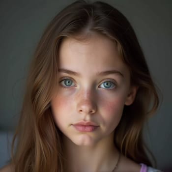 A young girl stands indoor in Russia, her striking grey-blue eyes gazing intently at the viewer. Natural light enhances her delicate features and long hair. Cute kid teenager schoolgirl. GenerativeAI.