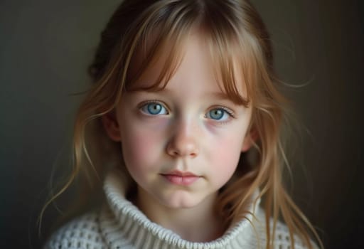 A young girl stands indoor in Russia, her striking grey-blue eyes gazing intently at the viewer. Natural light enhances her delicate features and long hair. Cute kid teenager schoolgirl. GenerativeAI.