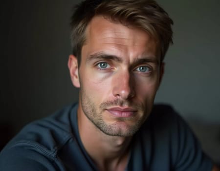 A young man from Russia gazes directly at the viewer with striking blue eyes. Tousled hair and relaxed expression. Introspection and tranquility. Portrait of a handsome man of 30 years. Generative AI.