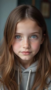 A young girl stands indoor in Russia, her striking grey-blue eyes gazing intently at the viewer. Natural light enhances her delicate features and long hair. Cute kid teenager schoolgirl. GenerativeAI.