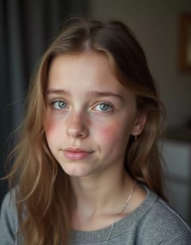 A young girl stands indoor in Russia, her striking grey-blue eyes gazing intently at the viewer. Natural light enhances her delicate features and long hair. Cute kid teenager schoolgirl. GenerativeAI.