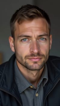 A young man from Russia gazes directly at the viewer with striking blue eyes. Tousled hair and relaxed expression. Introspection and tranquility. Portrait of a handsome man of 30 years. Generative AI.