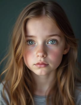 A young girl stands indoor in Russia, her striking grey-blue eyes gazing intently at the viewer. Natural light enhances her delicate features and long hair. Cute kid teenager schoolgirl. GenerativeAI.