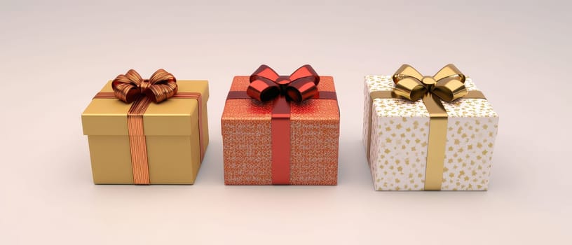 Three beautifully wrapped Christmas gift boxes with various designs sit neatly in a row creating a festive atmosphere for the holiday.