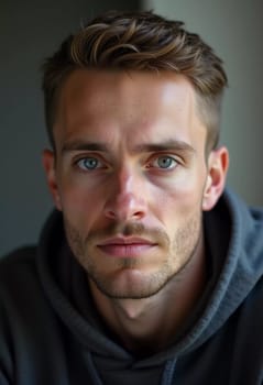 A young man from Russia gazes directly at the viewer with striking blue eyes. Tousled hair and relaxed expression. Introspection and tranquility. Portrait of a handsome man of 30 years. Generative AI.