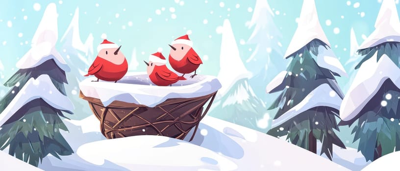 Three red birds wearing Santa hats sit together in a nest surrounded by snowy trees embracing the festive spirit of Christmas.