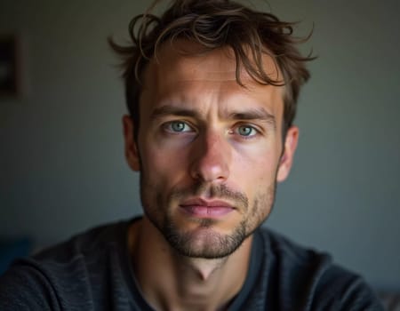 A young man from Russia gazes directly at the viewer with striking blue eyes. Tousled hair and relaxed expression. Introspection and tranquility. Portrait of a handsome man of 30 years. Generative AI.