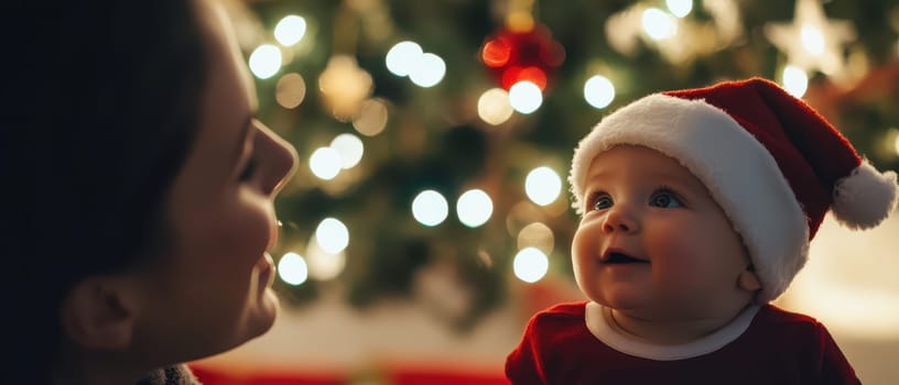 A delighted baby wearing a Santa hat gazes at a woman illuminated by the warm glow of a festive Christmas tree adorned with lights and ornaments.