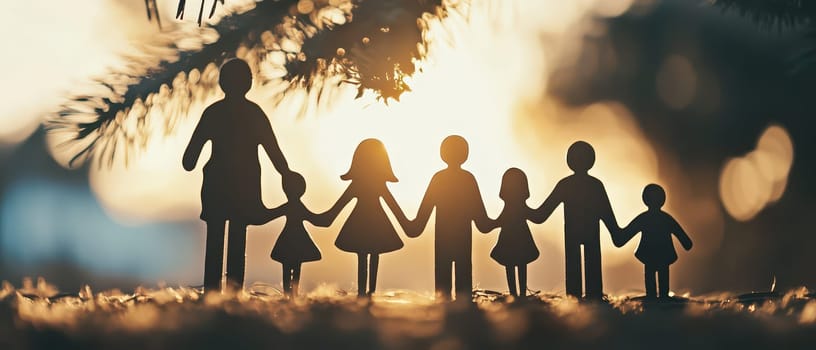 A family is gathered together holding hands in a warm festive atmosphere at sunset celebrating the joys of Christmas and togetherness.