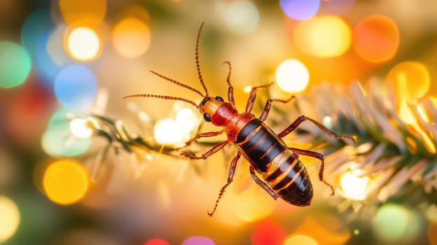 A colorful bug perches on a tree branch adorned with bright holiday lights capturing the joy of the festive season in a unique way.