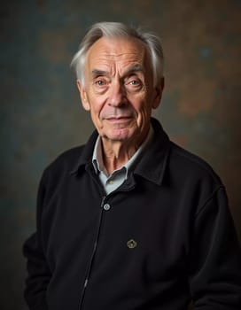 A senior man stands confidently, wearing a black jacket. Softly lit background. Portrait of a Russian man, 60-70-80 years old. Serious, wise, thoughtful face. Pensioner with gray hair. Generative AI.