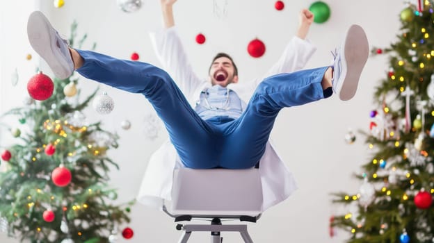 A man joyfully expresses excitement in a festive setting with Christmas trees decorated with ornaments and lights celebrating the holiday spirit.