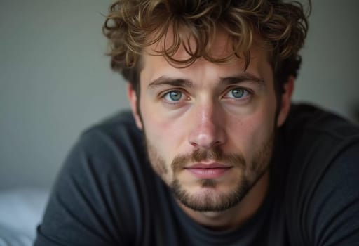 A young man from Russia gazes directly at the viewer with striking blue eyes. Tousled hair and relaxed expression. Introspection and tranquility. Portrait of a handsome man of 30 years. Generative AI.