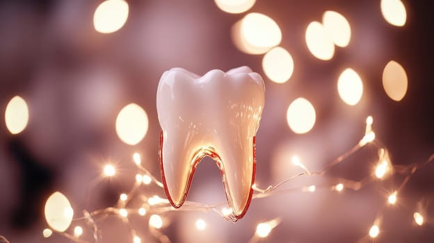 A tooth ornament hangs from string lights creating a festive atmosphere filled with holiday cheer during Christmas season celebrations.