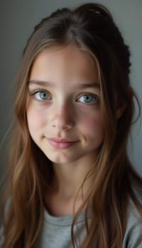 A young girl stands indoor in Russia, her striking grey-blue eyes gazing intently at the viewer. Natural light enhances her delicate features and long hair. Cute kid teenager schoolgirl. GenerativeAI.