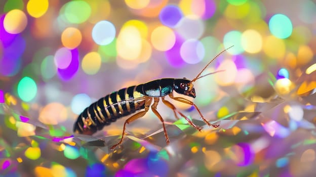 A shiny insect moves across a glittering backdrop filled with vibrant holiday colors creating a festive atmosphere ideal for Christmas celebrations.
