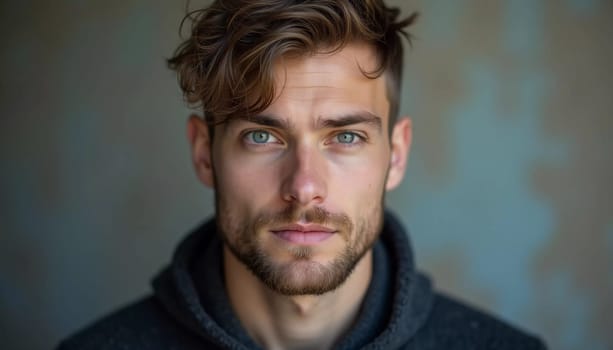 A young man from Russia gazes directly at the viewer with striking blue eyes. Tousled hair and relaxed expression. Introspection and tranquility. Portrait of a handsome man of 30 years. Generative AI.