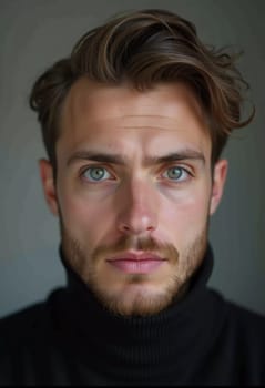 A young man from Russia gazes directly at the viewer with striking blue eyes. Tousled hair and relaxed expression. Introspection and tranquility. Portrait of a handsome man of 30 years. Generative AI.