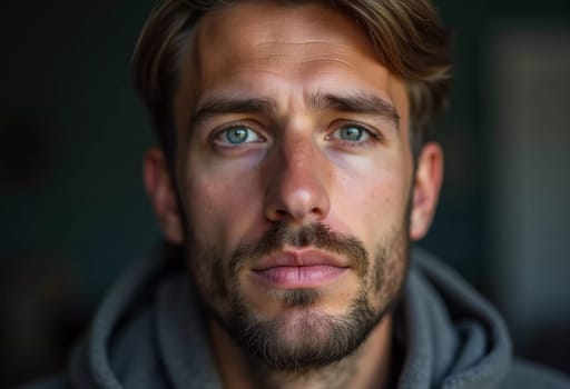 A young man from Russia gazes directly at the viewer with striking blue eyes. Tousled hair and relaxed expression. Introspection and tranquility. Portrait of a handsome man of 30 years. Generative AI.