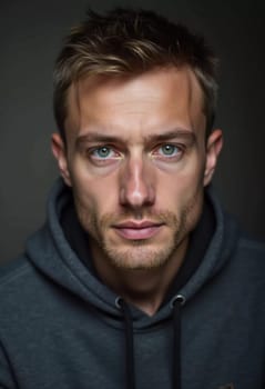 A young man from Russia gazes directly at the viewer with striking blue eyes. Tousled hair and relaxed expression. Introspection and tranquility. Portrait of a handsome man of 30 years. Generative AI.