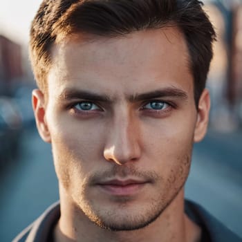 A young man from Russia gazes directly at the viewer with striking blue eyes. Tousled hair and relaxed expression. Introspection and tranquility. Portrait of a handsome man of 30 years. Generative AI.