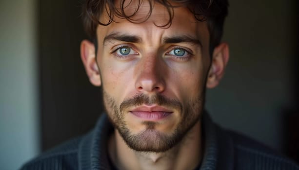 A young man from Russia gazes directly at the viewer with striking blue eyes. Tousled hair and relaxed expression. Introspection and tranquility. Portrait of a handsome man of 30 years. Generative AI.