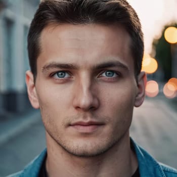 A young man from Russia gazes directly at the viewer with striking blue eyes. Tousled hair and relaxed expression. Introspection and tranquility. Portrait of a handsome man of 30 years. Generative AI.
