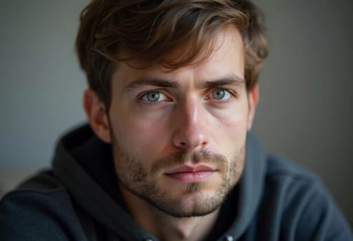 A young man from Russia gazes directly at the viewer with striking blue eyes. Tousled hair and relaxed expression. Introspection and tranquility. Portrait of a handsome man of 30 years. Generative AI.