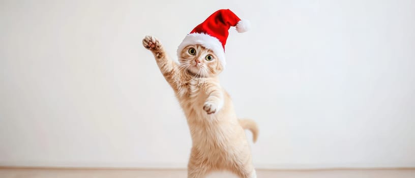 A playful cat is dressed in a festive Christmas hat showcasing joy and excitement during the holiday season in a cozy indoor setting.