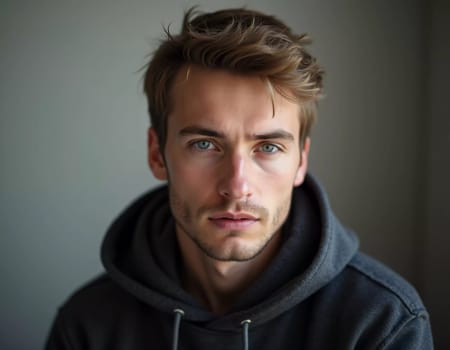 A young man from Russia gazes directly at the viewer with striking blue eyes. Tousled hair and relaxed expression. Introspection and tranquility. Portrait of a handsome man of 30 years. Generative AI.
