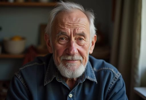 A senior man stands confidently, wearing a black jacket. Softly lit background. Portrait of a Russian man, 60-70-80 years old. Serious, wise, thoughtful face. Pensioner with gray hair. Generative AI.
