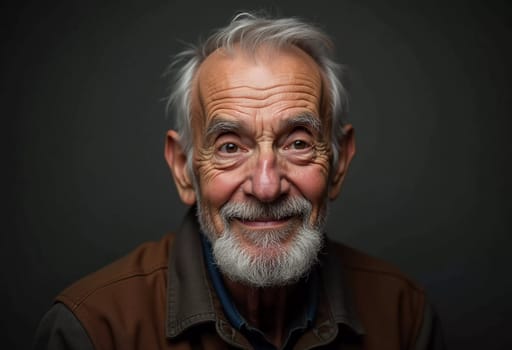 A senior man stands confidently, wearing a black jacket. Softly lit background. Portrait of a Russian man, 60-70-80 years old. Serious, wise, thoughtful face. Pensioner with gray hair. Generative AI.