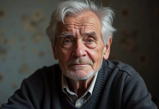 A senior man stands confidently, wearing a black jacket. Softly lit background. Portrait of a Russian man, 60-70-80 years old. Serious, wise, thoughtful face. Pensioner with gray hair. Generative AI.