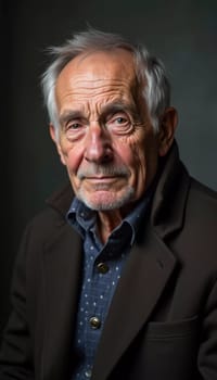 A senior man stands confidently, wearing a black jacket. Softly lit background. Portrait of a Russian man, 60-70-80 years old. Serious, wise, thoughtful face. Pensioner with gray hair. Generative AI.
