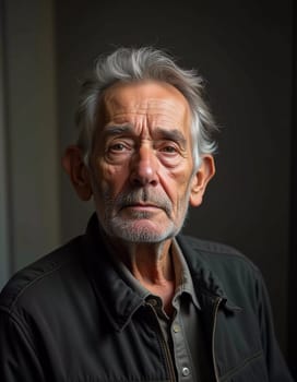 A senior man stands confidently, wearing a black jacket. Softly lit background. Portrait of a Russian man, 60-70-80 years old. Serious, wise, thoughtful face. Pensioner with gray hair. Generative AI.