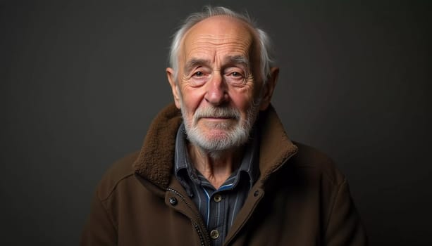 A senior man stands confidently, wearing a black jacket. Softly lit background. Portrait of a Russian man, 60-70-80 years old. Serious, wise, thoughtful face. Pensioner with gray hair. Generative AI.