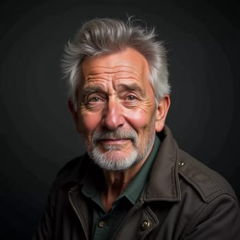 A senior man stands confidently, wearing a black jacket. Softly lit background. Portrait of a Russian man, 60-70-80 years old. Serious, wise, thoughtful face. Pensioner with gray hair. Generative AI.
