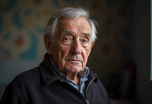 A senior man stands confidently, wearing a black jacket. Softly lit background. Portrait of a Russian man, 60-70-80 years old. Serious, wise, thoughtful face. Pensioner with gray hair. Generative AI.