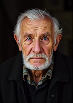 A senior man stands confidently, wearing a black jacket. Softly lit background. Portrait of a Russian man, 60-70-80 years old. Serious, wise, thoughtful face. Pensioner with gray hair. Generative AI.