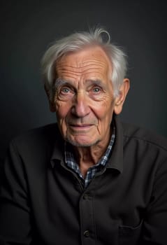A senior man stands confidently, wearing a black jacket. Softly lit background. Portrait of a Russian man, 60-70-80 years old. Serious, wise, thoughtful face. Pensioner with gray hair. Generative AI.