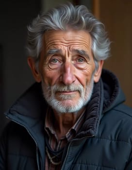 A senior man stands confidently, wearing a black jacket. Softly lit background. Portrait of a Russian man, 60-70-80 years old. Serious, wise, thoughtful face. Pensioner with gray hair. Generative AI.