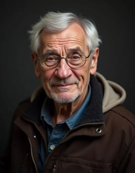 A senior man stands confidently, wearing a black jacket. Softly lit background. Portrait of a Russian man, 60-70-80 years old. Serious, wise, thoughtful face. Pensioner with gray hair. Generative AI.